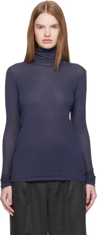 Auralee Navy Super High Gauge Sheer Rib Turtleneck In Blue