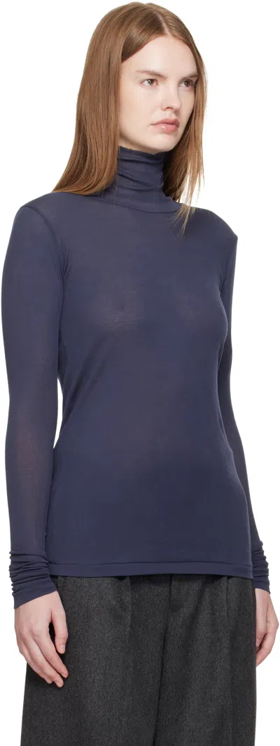 Auralee Navy Super High Gauge Sheer Rib Turtleneck In Blue