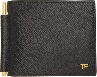 Tom Ford Black Small Grain Leather T Line Money Clip Wallet In Brown