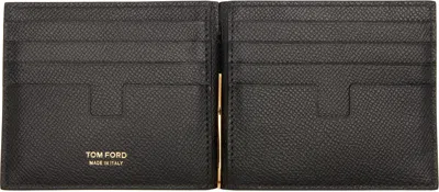 Tom Ford Black Small Grain Leather T Line Money Clip Wallet In Brown