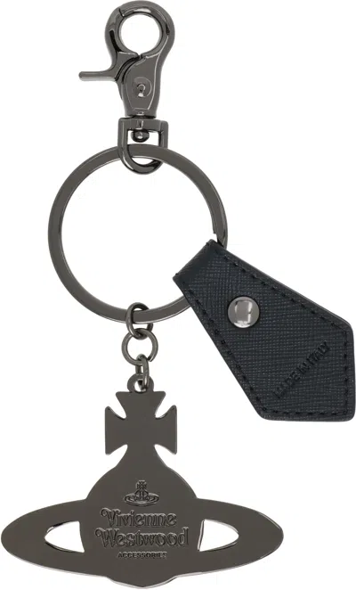 Vivienne Westwood Black Saffiano Hammered Orb Keychain In Gray