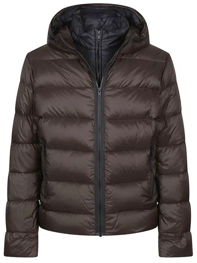 Fay Double-front Down Jacket In Calendered Poplin In Brown