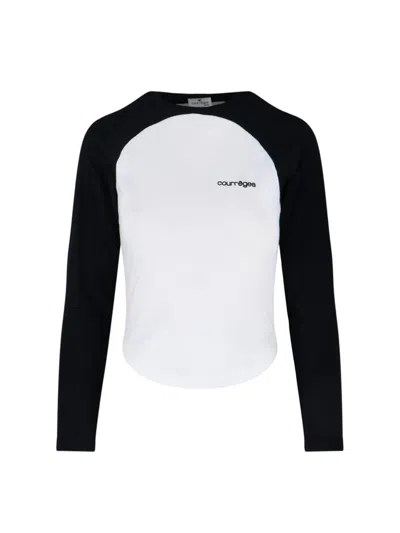 Courrèges Long-sleeved Contrast T-shirt With Rounded Hem And Logo Print In Black
