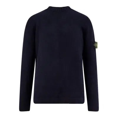 Stone Island Crew-neck Wool Blend Sweater With Logo Patch In Blue