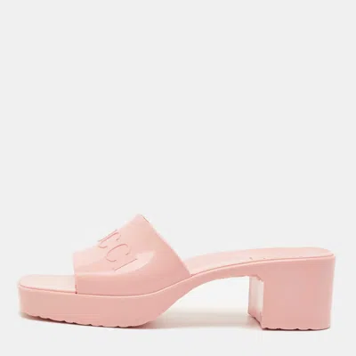 Pre-owned Gucci Pink Rubber Embossed Logo Block Heel Slide Sandals Size 39