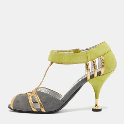Pre-owned Prada Green/grey Suede And Leather T Strap Pumps Size 37 In Gray