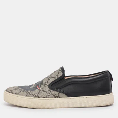 Pre-owned Gucci Beige/black Tiger Print Gg Supreme Canvas And Leather Slip On Sneakers Size 42.5 In Sand