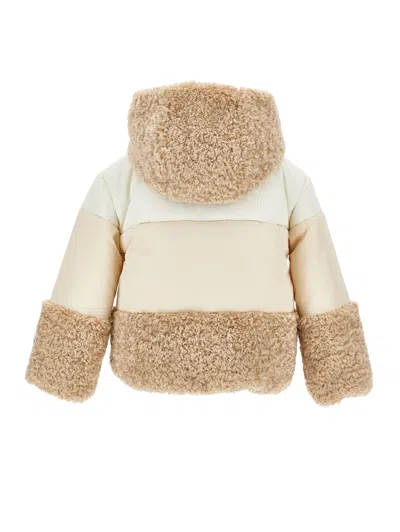 Monnalisa Patchwork Down Jacket With Zip And Hood In Brown