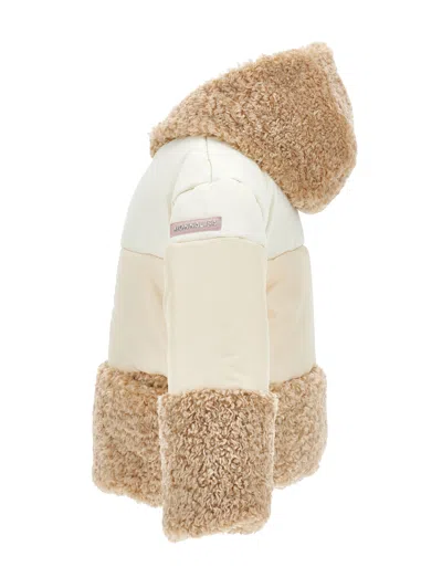 Monnalisa Patchwork Down Jacket With Zip And Hood In Brown