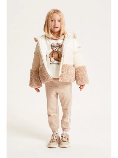 Monnalisa Patchwork Down Jacket With Zip And Hood In Brown