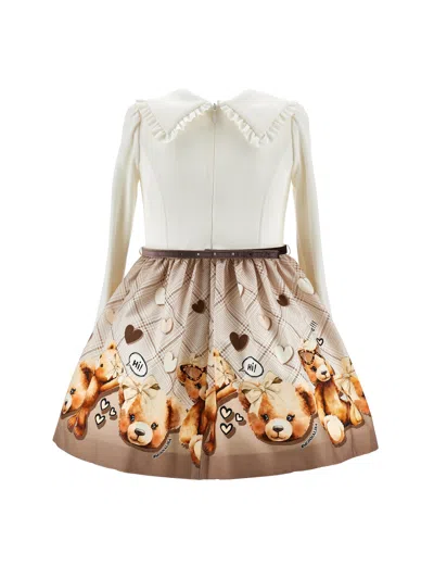 Monnalisa Cotton Teddy Bear Dress In Brown