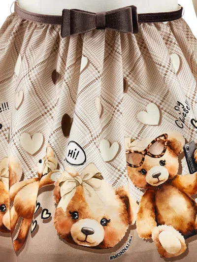 Monnalisa Cotton Teddy Bear Dress In Brown