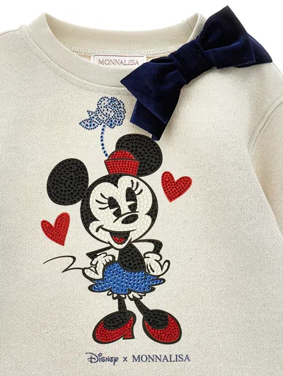 Monnalisa Kids' White Crewneck With Bow Detail On The Front And Print On The Front In Cotton Blend Girl In Neutral