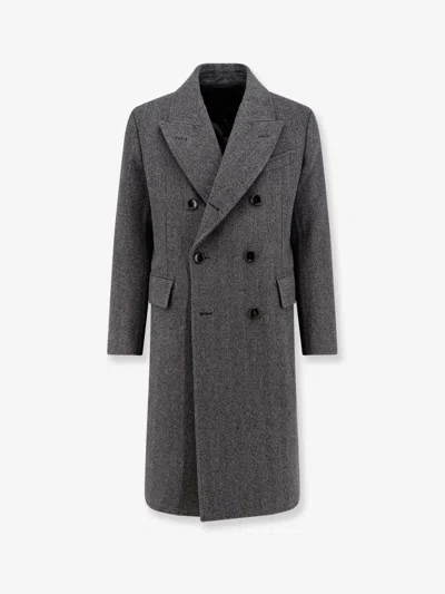 Tom Ford Mens Dark Grey Black Herringbone Double-breasted Wool Coat In Gray