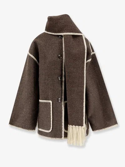 Totême Fringe Embroidered Scarf Wool Jacket In Brown