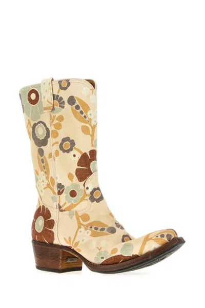 Prada Floral Block Heel Mid-calf Canvas Boots In Pink