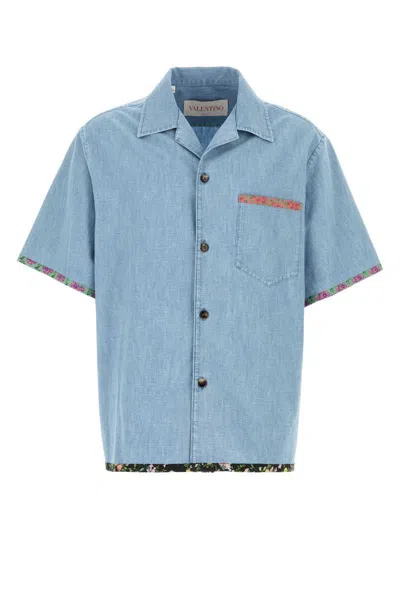 Valentino Garavani Denim Bowling Shirt With Floral Trim In Blue