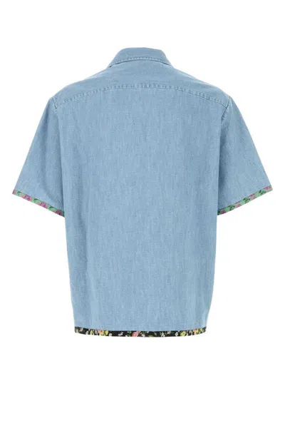 Valentino Garavani Denim Bowling Shirt With Floral Trim In Blue