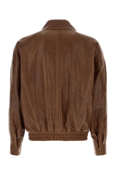 Saint Laurent Leather Jacket With Collared Design And Pockets In Brown