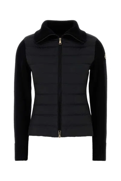 Moncler Two-material Cardigan With Goose Down Padding And High Neck In Black