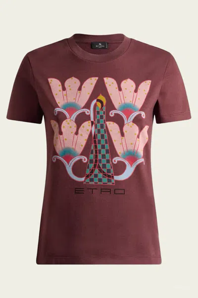 Etro Printed Cotton T-shirt In Burgundy In Pink