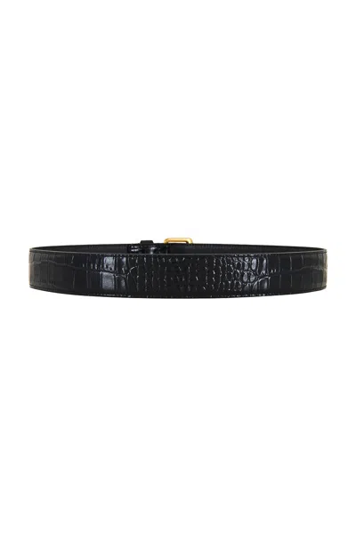 Saint Laurent Croc Embossed Belt In Black
