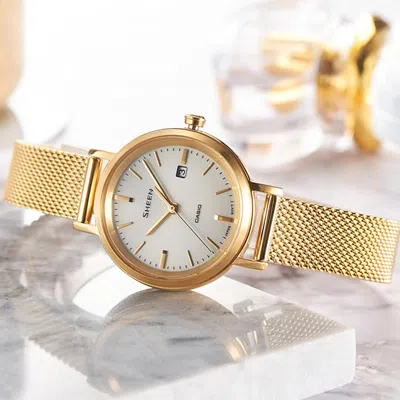 Casio Sheen Waterproof Quartz Sapphire Crystal Solar Powered Silver Dialgold Strap Silvergold Analog