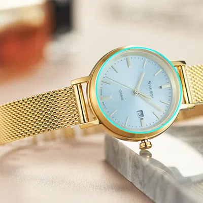 Casio Sheen Waterproof Quartz Sapphire Crystal Solar Powered Silver Dialgold Strap Silvergold Analog