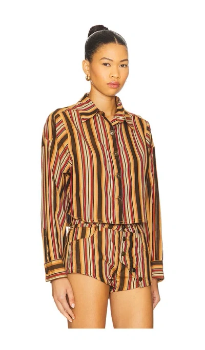 Lioness Sundrenched Stripe Denim Crop Button-up Shirt In Multi