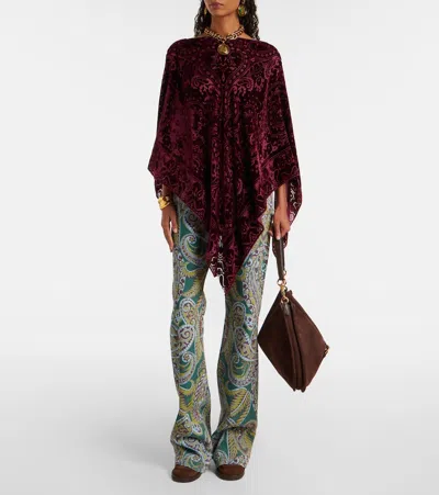 Etro Bordeaux Cape With All-over Paisley Motif And Triangular Hem In Silk Blend Woman In Burgundy