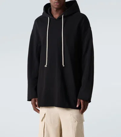 Rick Owens Hooded Sweatshirt Print Oversized Ribbed Cuffs In Black
