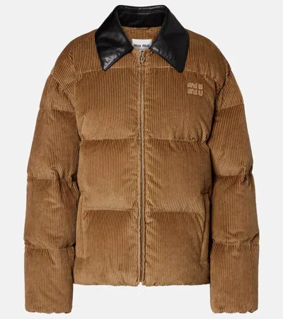 Miu Miu Cotton Corduroy Down Jacket In Brown
