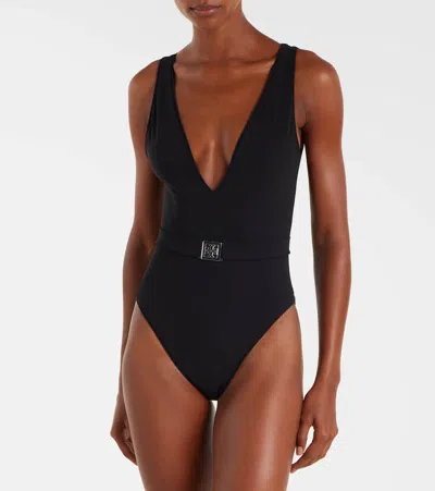 Tory Burch Double T Belted Swimsuit In Black