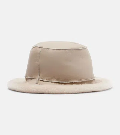 Brunello Cucinelli Shearling-trimmed Leather Boater Hat In Neutral