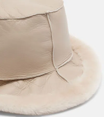 Brunello Cucinelli Shearling-trimmed Leather Boater Hat In Neutral