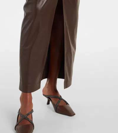 Brunello Cucinelli Stretch Nappa Leather Midi Skirt In Brown