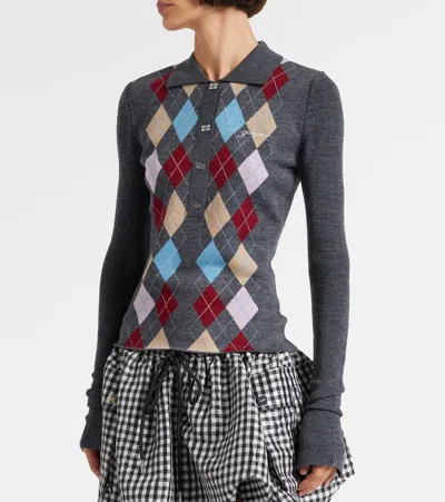 Ganni Fine Merino Wool Jacquard Knitted Polo Shirt In Gray