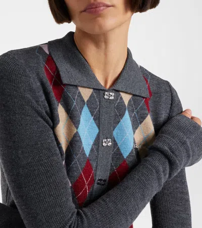 Ganni Fine Merino Wool Jacquard Knitted Polo Shirt In Gray