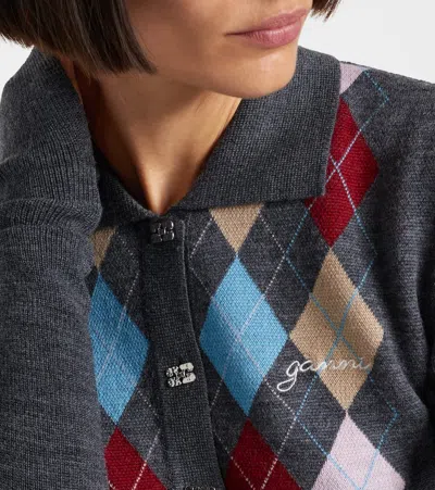 Ganni Fine Merino Wool Jacquard Knitted Polo Shirt In Gray