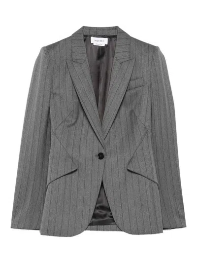 Alexander Mcqueen Herringbone Striped Single-breasted Blazer Jacket In Gray