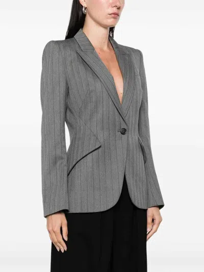 Alexander Mcqueen Herringbone Striped Single-breasted Blazer Jacket In Gray