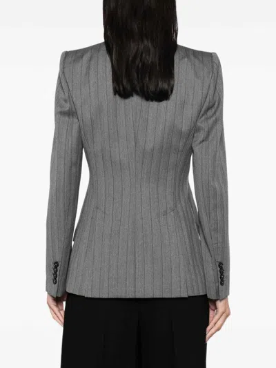 Alexander Mcqueen Herringbone Striped Single-breasted Blazer Jacket In Gray