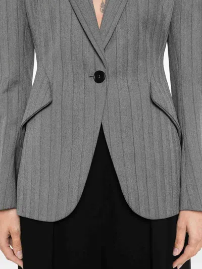 Alexander Mcqueen Herringbone Striped Single-breasted Blazer Jacket In Gray