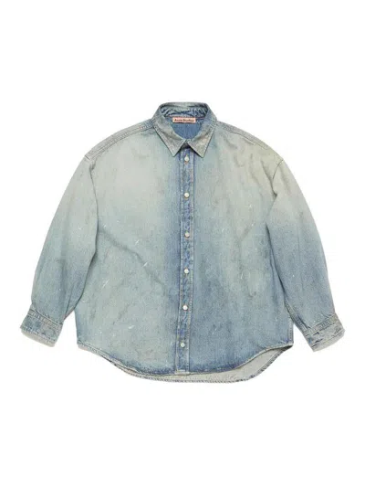 Acne Studios Jacquard Monogram Denim Shirt In Blue Beige