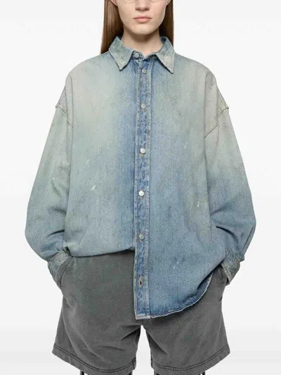 Acne Studios Jacquard Monogram Denim Shirt In Blue Beige