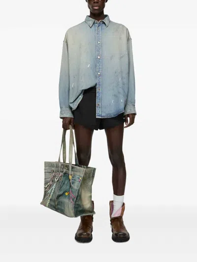 Acne Studios Jacquard Monogram Denim Shirt In Blue Beige