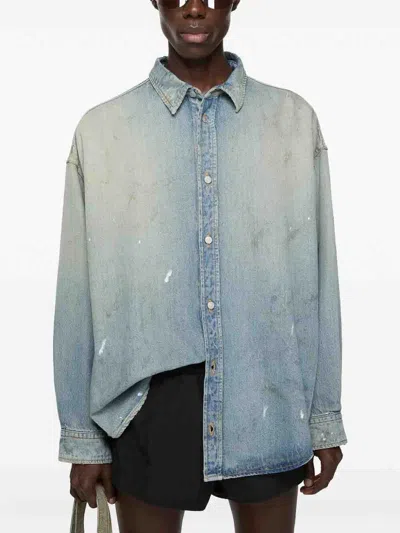 Acne Studios Jacquard Monogram Denim Shirt In Blue Beige