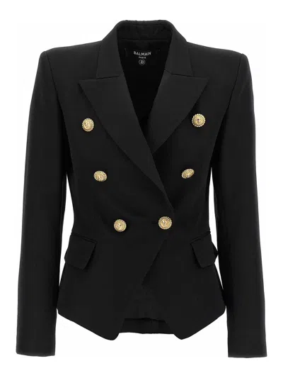 Balmain Wool Blazer With Flap Pockets And Gold-tone Buttons In Black