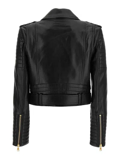 Balmain Cropped Leather Biker Jacket In Black