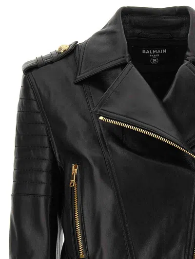 Balmain Cropped Leather Biker Jacket In Black